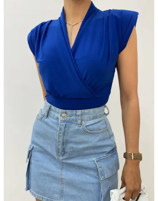 Omarı Yaz Modası Vatkalı Kruvaze Sandy Bluz - Saks