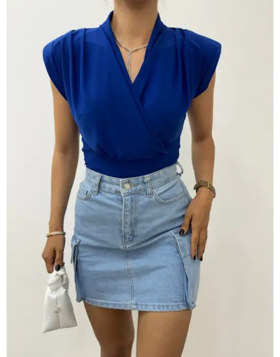 Omarı Yaz Modası Vatkalı Kruvaze Sandy Bluz - Saks