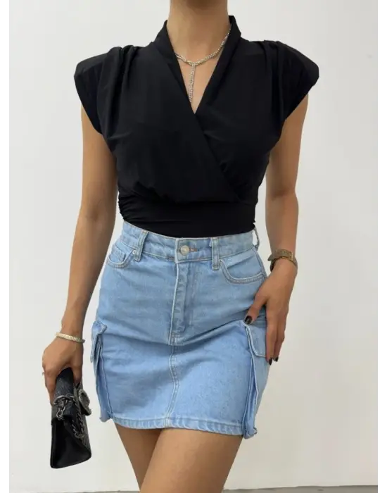 Sıfır Kol Vatkalı Kruvaze Model Sandy Bluz -Siyah