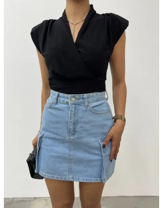 Omarı Şık Vatkalı Kruvaze Model Siyah Bluz