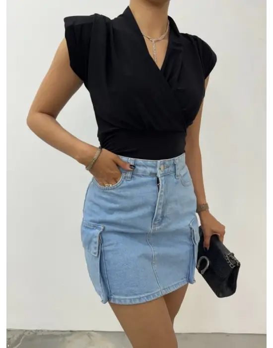 Omarı Şık Vatkalı Kruvaze Model Siyah Bluz