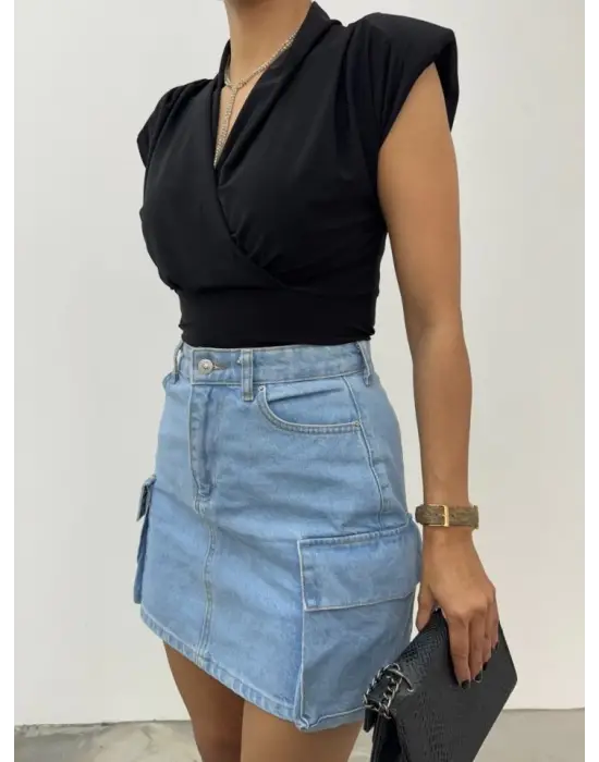 Omarı Şık Vatkalı Kruvaze Model Siyah Bluz