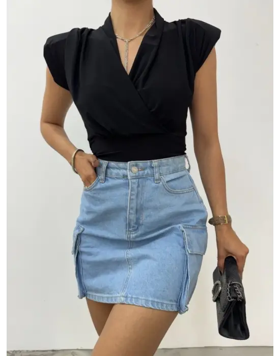 Omarı Şık Vatkalı Kruvaze Model Siyah Bluz