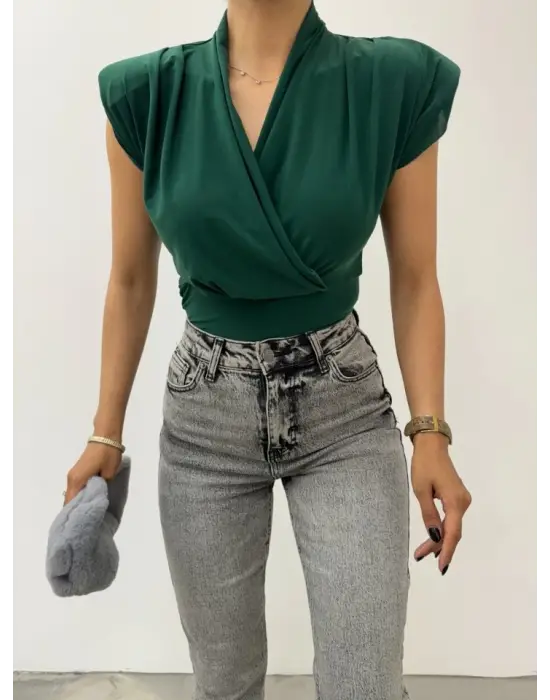 Omarı Vatkalı Kruvaze Sandy Bluz - Zümrüt Yeşili