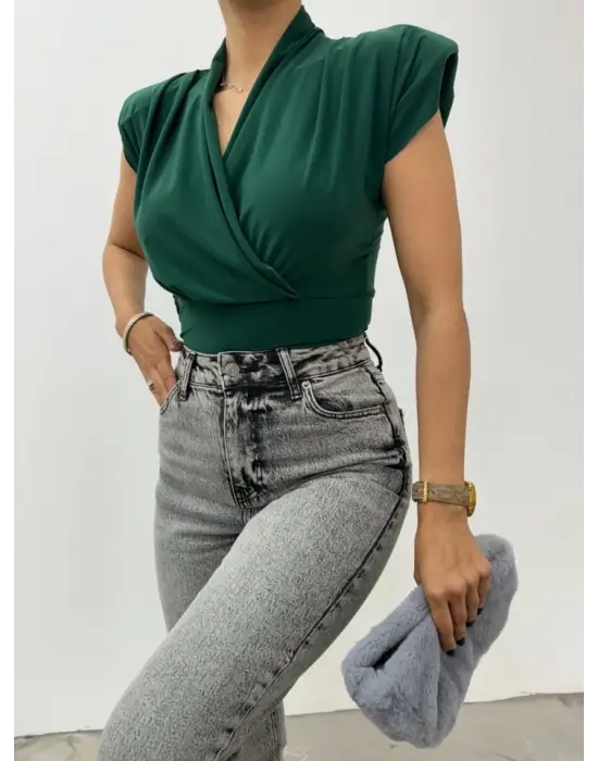 Omarı Vatkalı Kruvaze Sandy Bluz - Zümrüt Yeşili