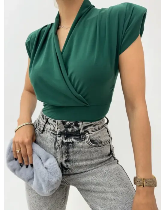 Omarı Vatkalı Kruvaze Sandy Bluz - Zümrüt Yeşili