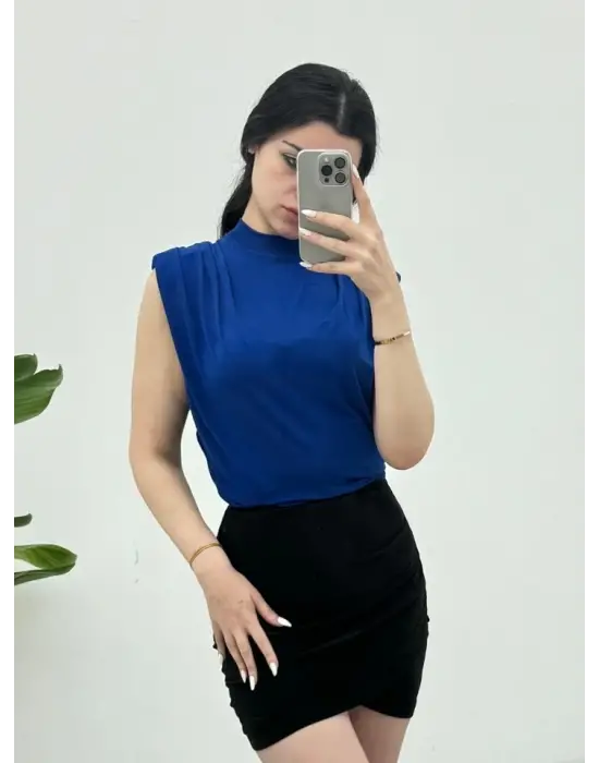 Omarı Sıfır Kol Vatkalı Kadın Bluzu - Deniz Mavisi