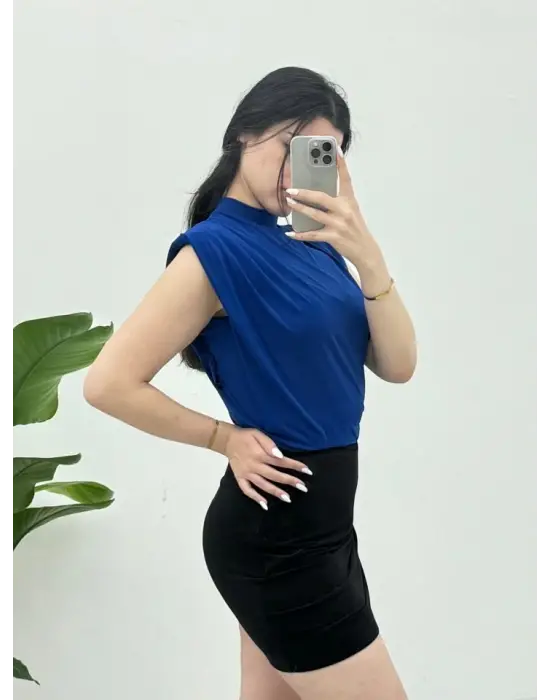 Omarı Sıfır Kol Vatkalı Kadın Bluzu - Deniz Mavisi