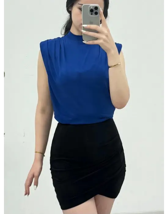 Omarı Sıfır Kol Vatkalı Kadın Bluzu - Deniz Mavisi