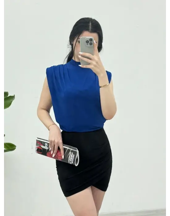 Sıfır Kol Vatkalı Sandy Bluz -Saks