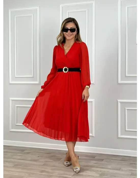 Omarı Şifon Kruvaze Yaka Midi Elbise