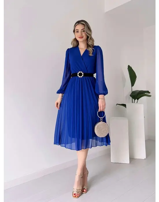 Omarı Şifon Kumaşlı Kloş Kesim Midi Boy Elbise