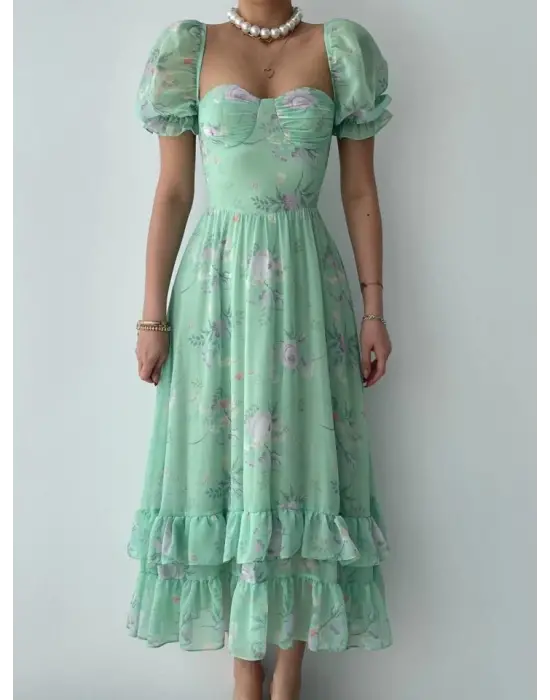 Omarı Dijital Desenli Şifon Elbise