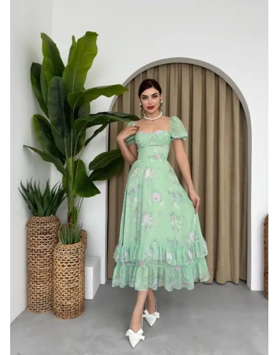 Omarı Dijital Desenli Şifon Elbise