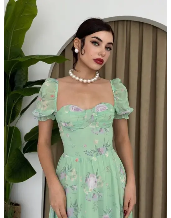 Omarı Dijital Desenli Şifon Elbise