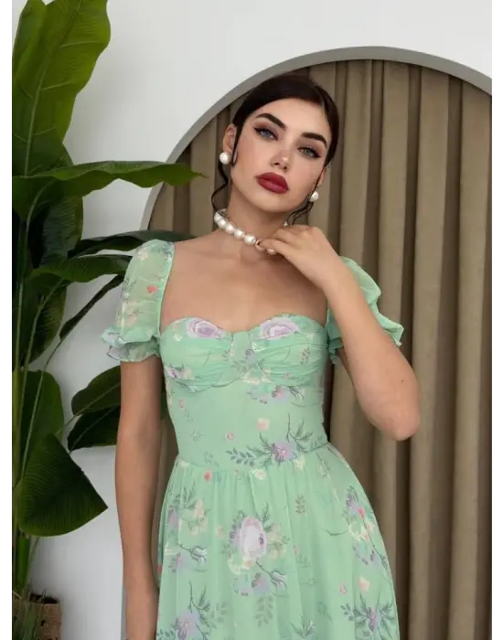 Omarı Dijital Desenli Şifon Elbise