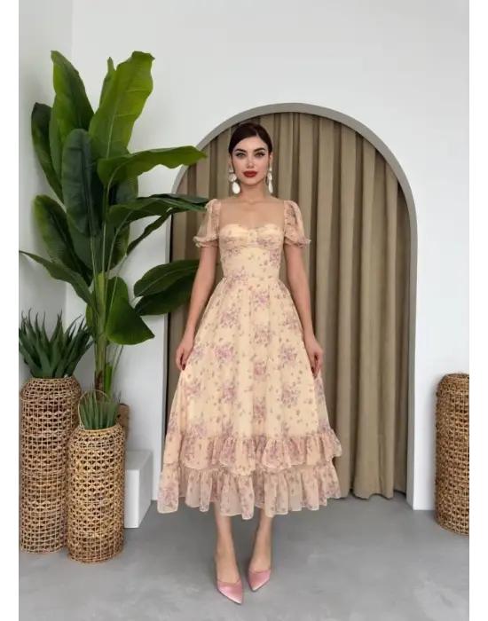 Omarı Zarif Şifon Desenli Elbise