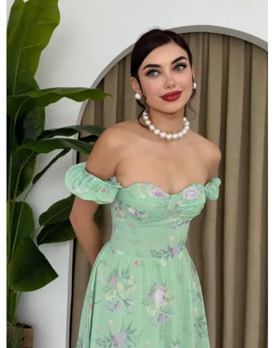 Omarı Dijital Desenli Şifon Elbise