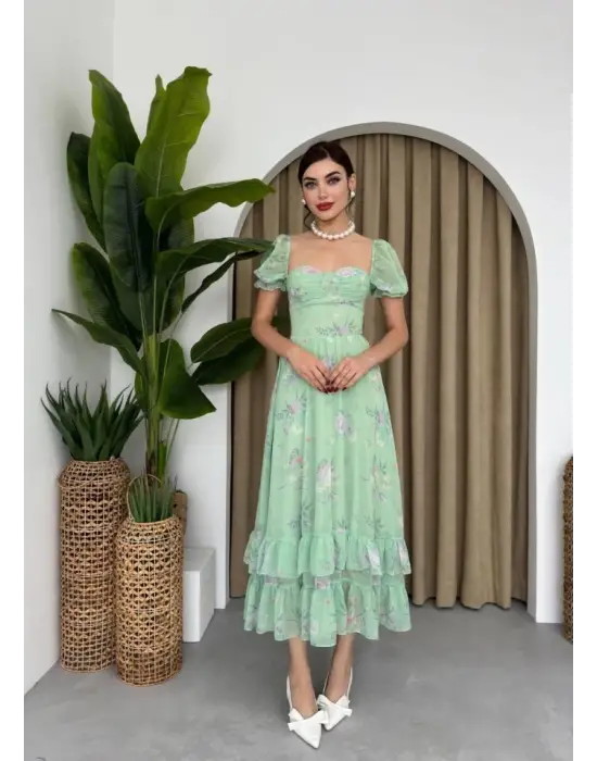 Omarı Dijital Desenli Şifon Elbise