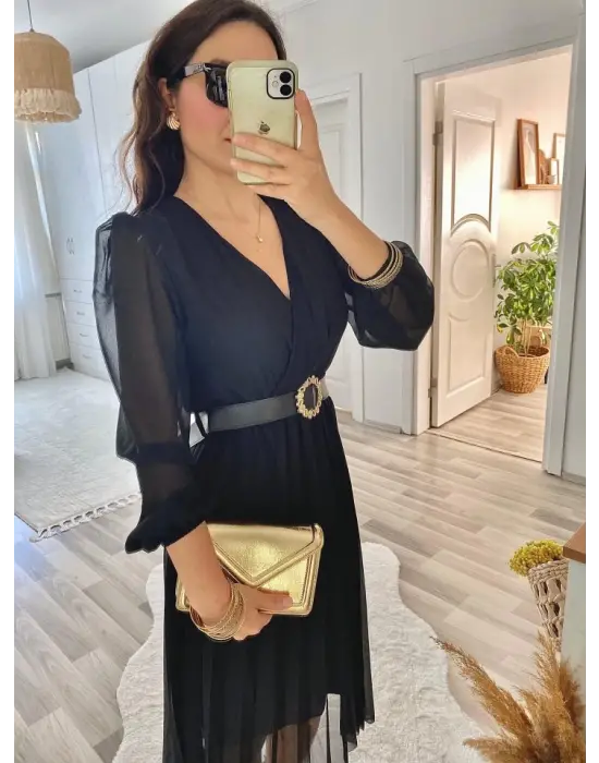 Omarı Şifon Kumaş Kloş Kesim Elbise - Midi Boy Kruvaze Yaka