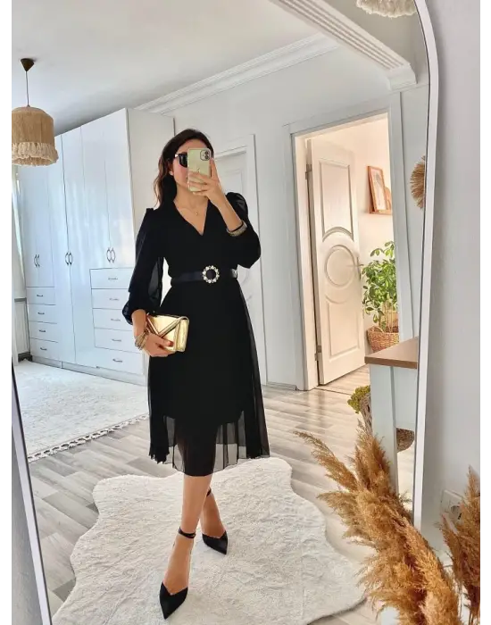 Omarı Şifon Kumaş Kloş Kesim Elbise - Midi Boy Kruvaze Yaka