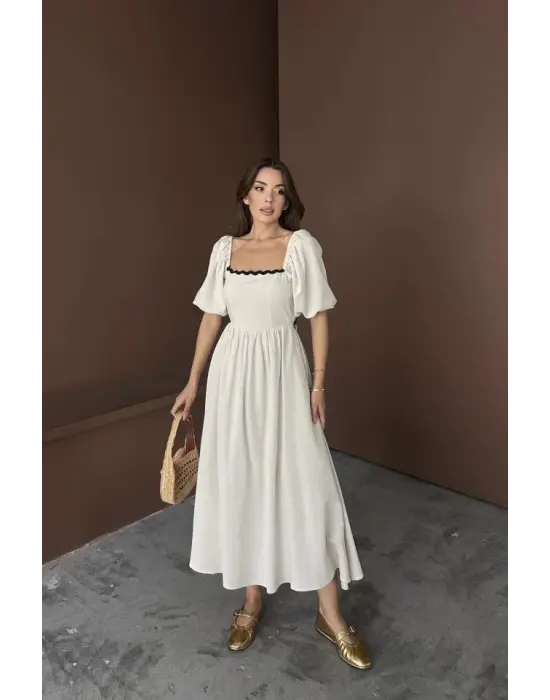 Omarı Rahat ve Şık Bej Keten Elbise