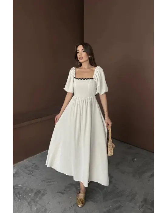 Omarı Rahat ve Şık Bej Keten Elbise