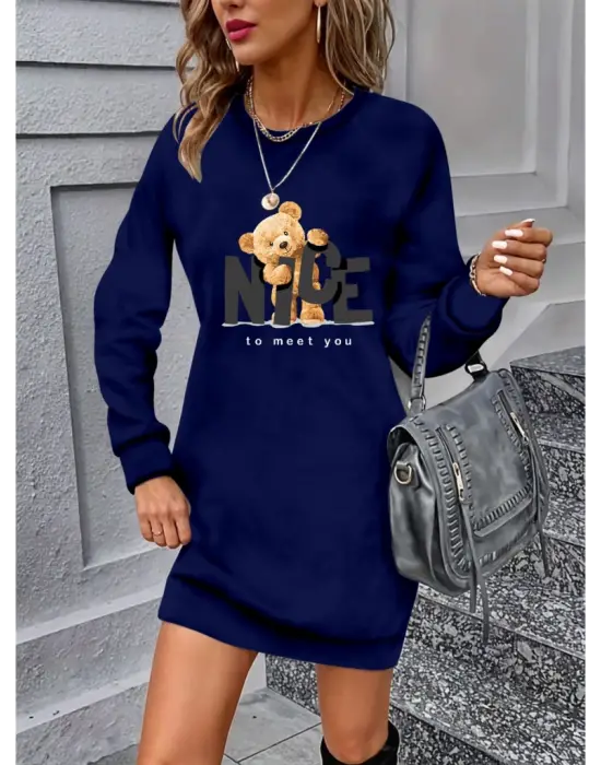 Omarı Zarif Ayı Desenli Uzun Kollu Viskon Elbise