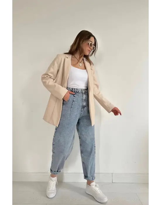 Omarı Deri Ceket - Bej Düğmeli Stil Sahibi Moda Parçası