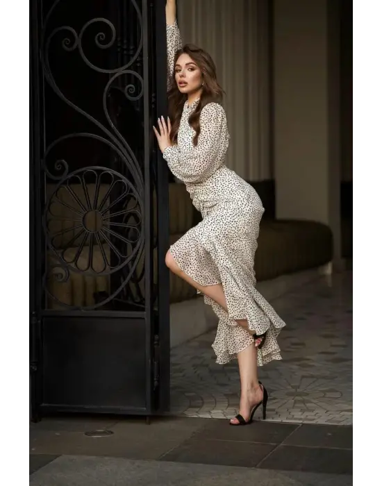 Omarı Balık Desenli Şifon Elbise