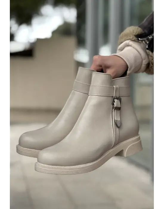 Omarı Yaz Kış Şıklığı Wiota Bej Cilt Topuklu Bot