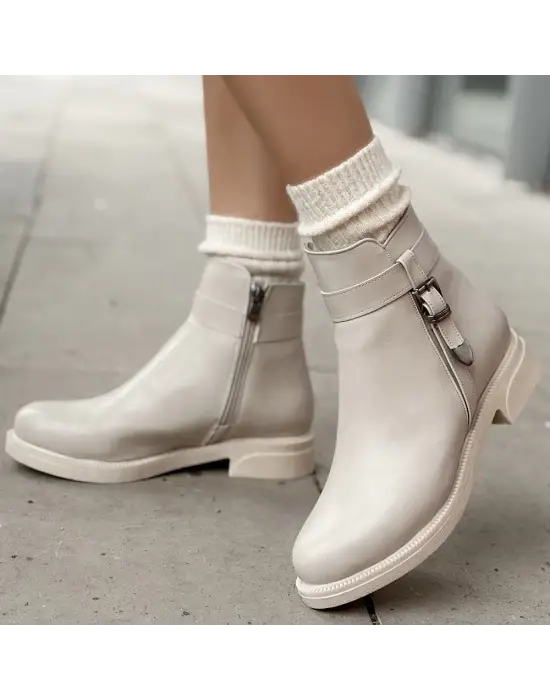 Omarı Yaz Kış Şıklığı Wiota Bej Cilt Topuklu Bot