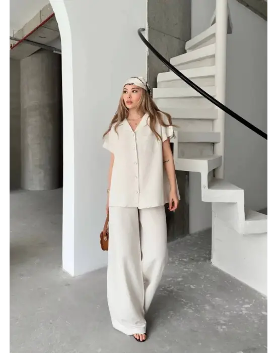 Omarı Elegan Keten Ikili Takım - Beyaz