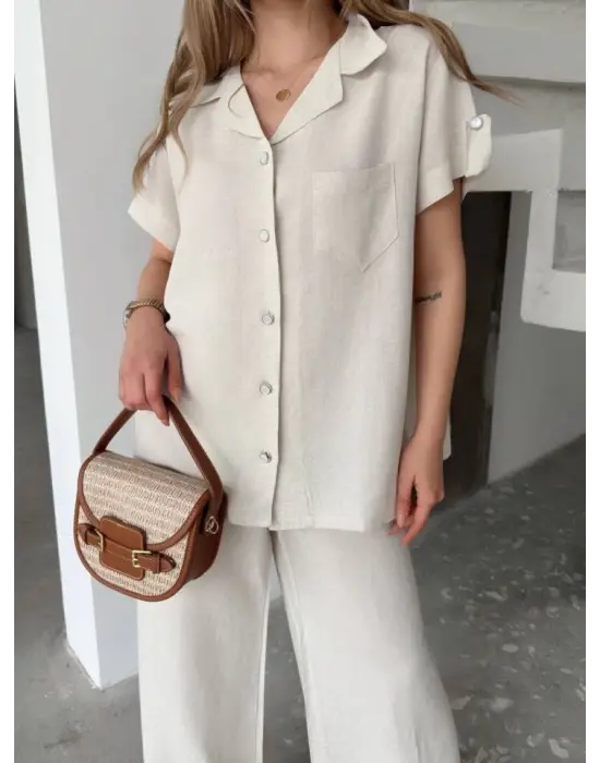 Omarı Elegan Keten Ikili Takım - Beyaz