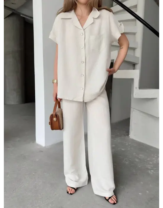 Omarı Elegan Keten Ikili Takım - Beyaz