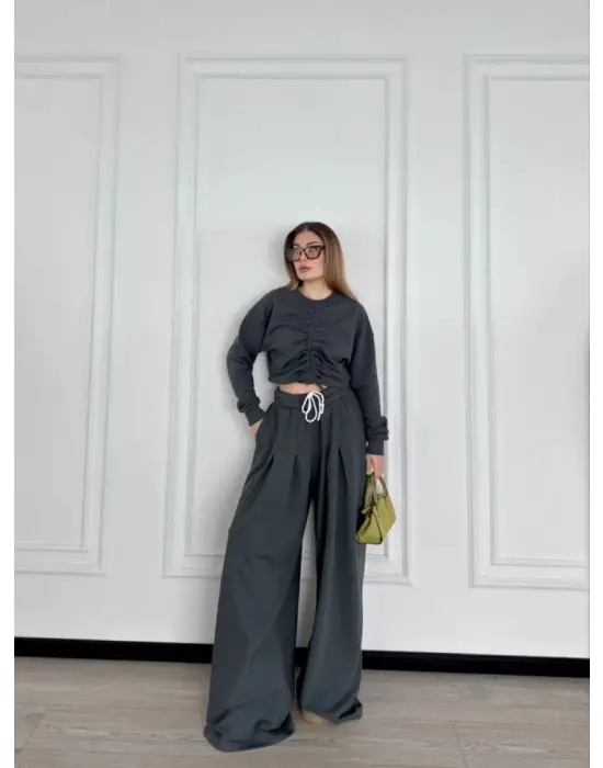 Omarı Önü İp Detaylı Crop ve Pantolon İkili Takım - Antrasit