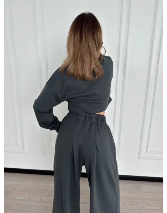 Omarı Önü İp Detaylı Crop ve Pantolon İkili Takım - Antrasit