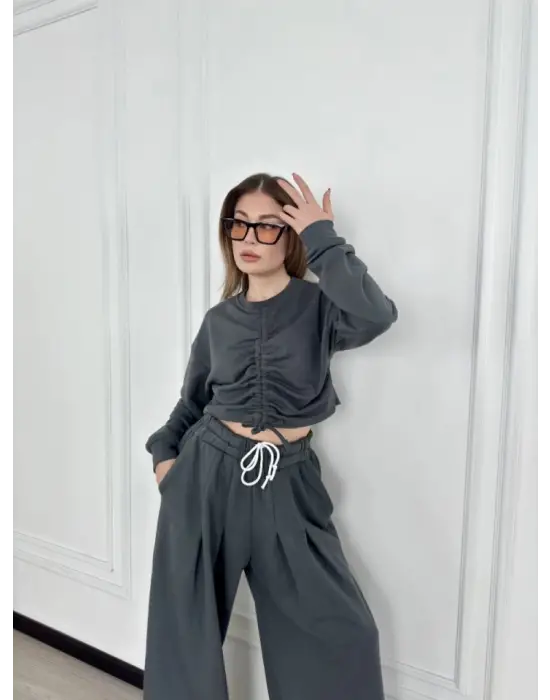 Omarı Önü İp Detaylı Crop ve Pantolon İkili Takım - Antrasit