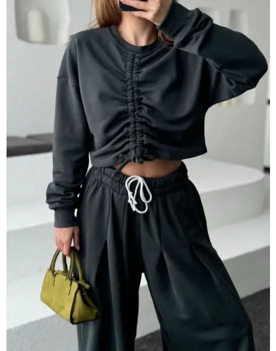 Omarı Önü İp Detaylı Crop ve Pantolon İkili Takım - Antrasit