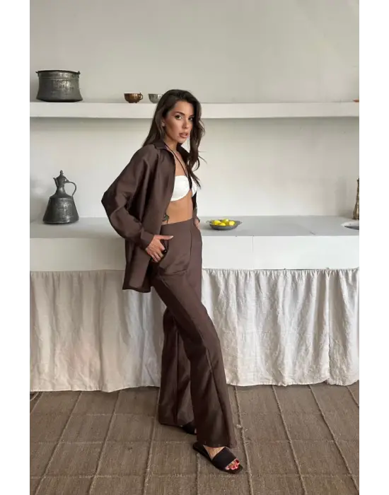 Omarı Cupra Kumaşlı Kahverengi Takım Elbise