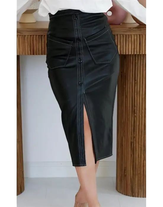 Omarı Siyah Deri Ayrıntılı Mini Etek