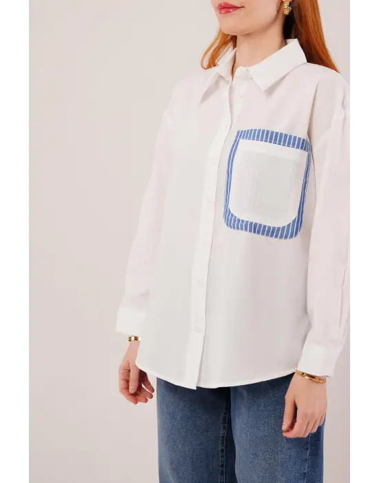 Omarı Çizgili Detaylı Beyaz Gömlek