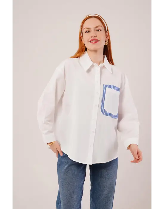 Omarı Çizgili Detaylı Beyaz Gömlek