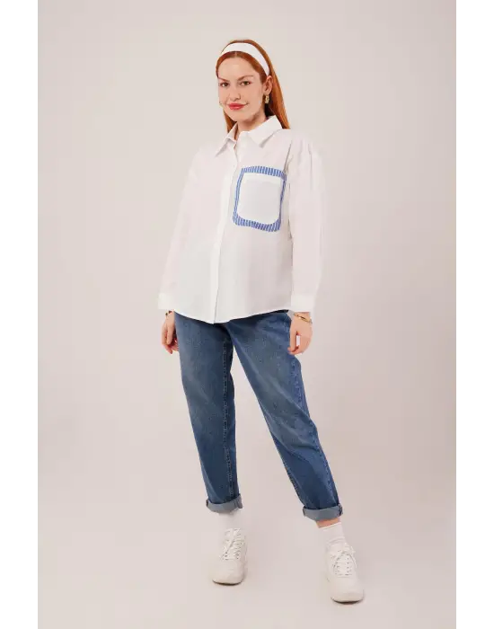 Omarı Çizgili Detaylı Beyaz Gömlek