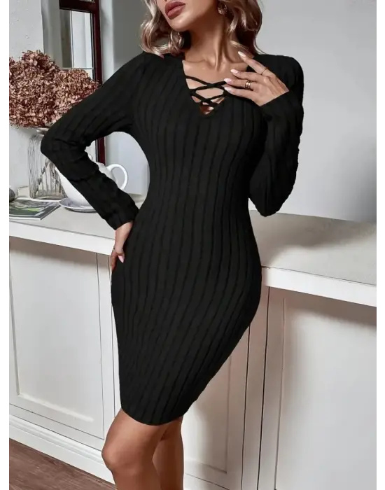 Omarı Uzun Kollu V Yaka Kadın Elbisesi