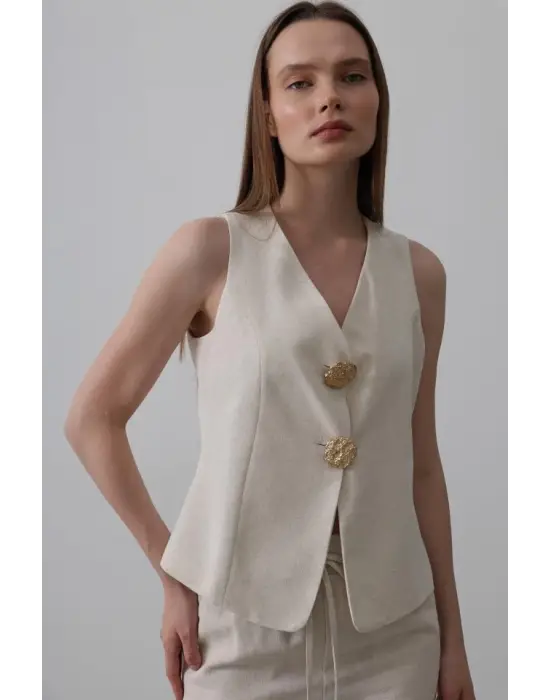 Omarı Şık Düğme Detaylı Yelek Krem Renginde