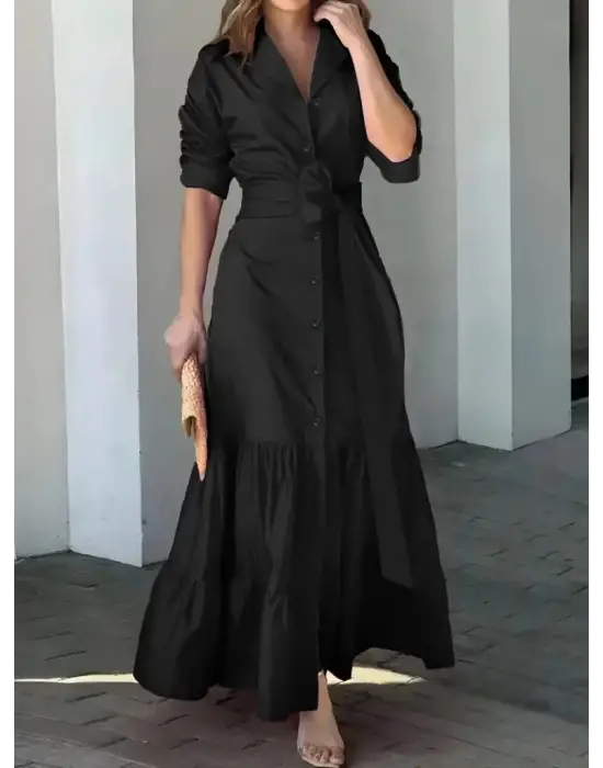 Omarı Şık Fırfırlı Bel Detaylı Uzun Kollu Elbise