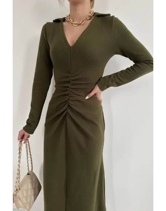 Omarı Haki Büzgülü Balık Elbise - Modayı Takip Edenler İçin