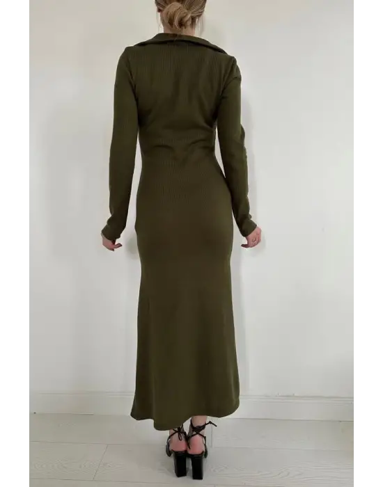 Omarı Haki Büzgülü Balık Elbise - Modayı Takip Edenler İçin