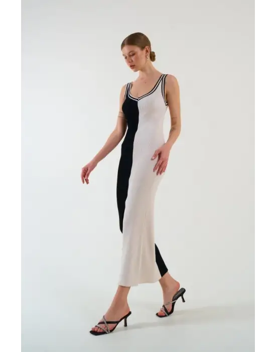 Omarı Şık İki Renkli Kolsuz Elbise